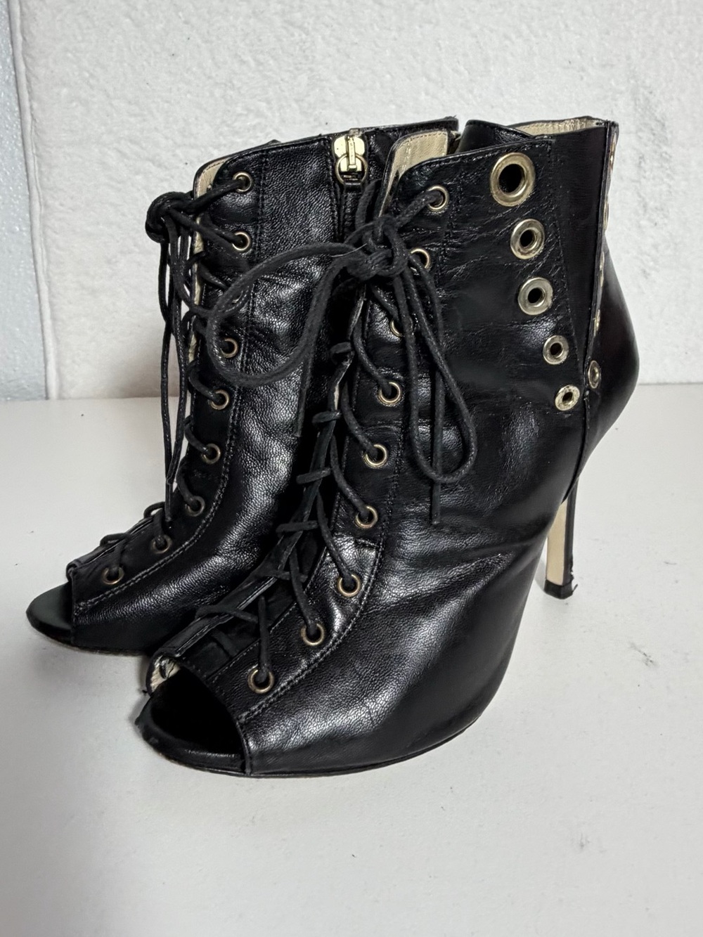 Spaziomoda Bologna Leather Peep Toe Lace-Up Booties Black EU 36 Us Womens 6
